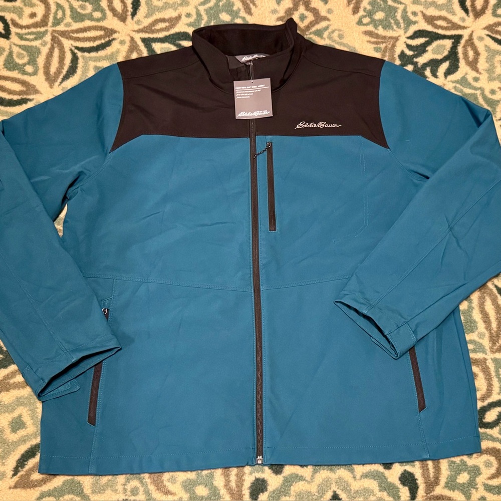 NWT $99 Men’s Eddie Bauer Point Vista Soft Shell Full Zip Jacket 2XL Teal Black